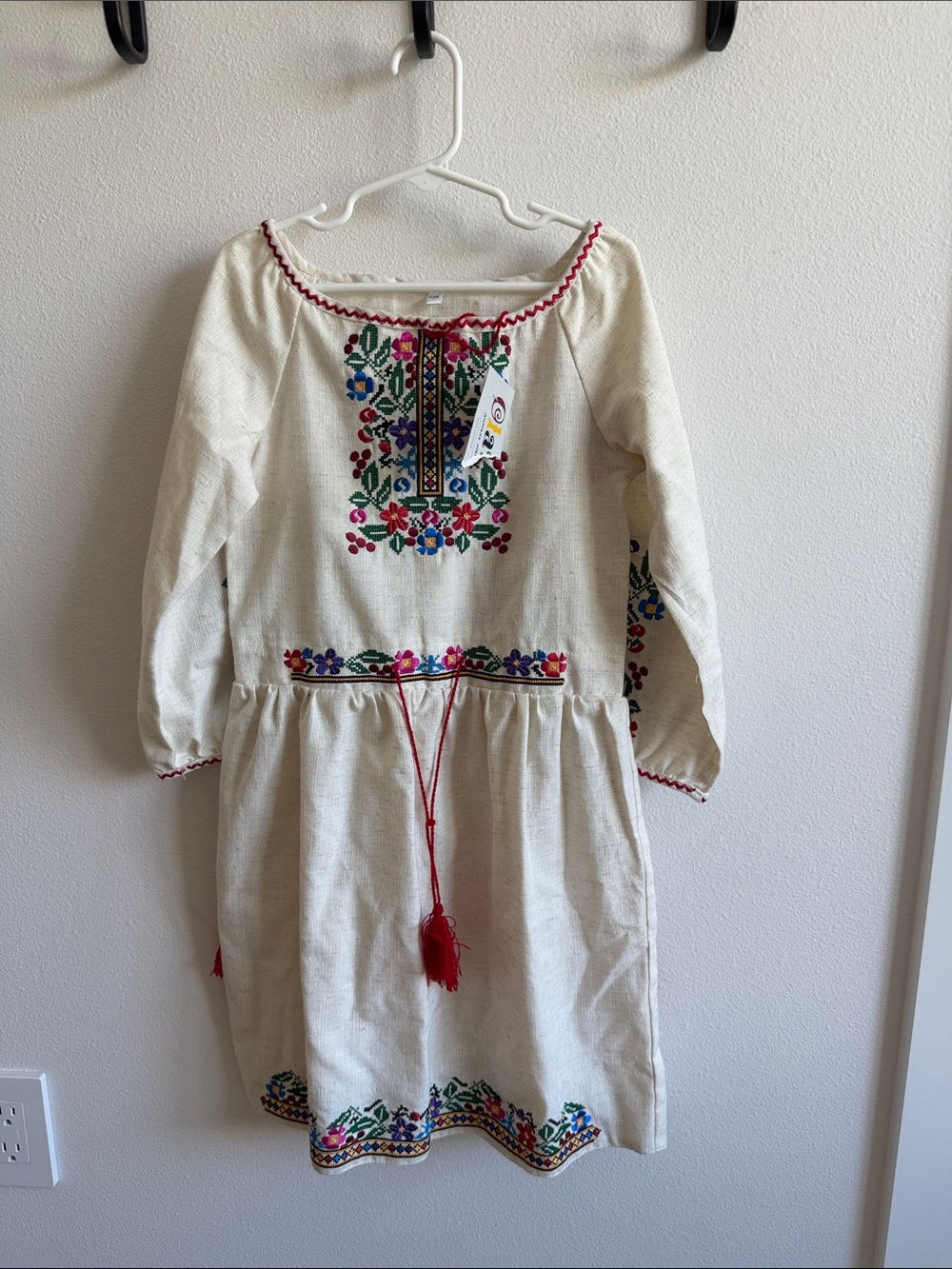 Kids Embroidered Cream Dress with Multicolor Floral Accents